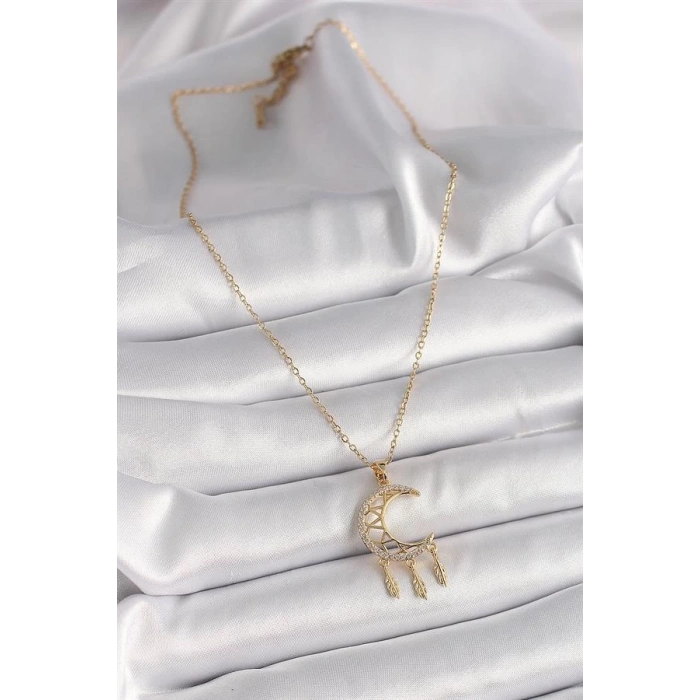 316L Çelik Gold Renk Zincir Zirkon Taşlı Hilal Model Sallantı Yaprak Detay Kadın Kolye