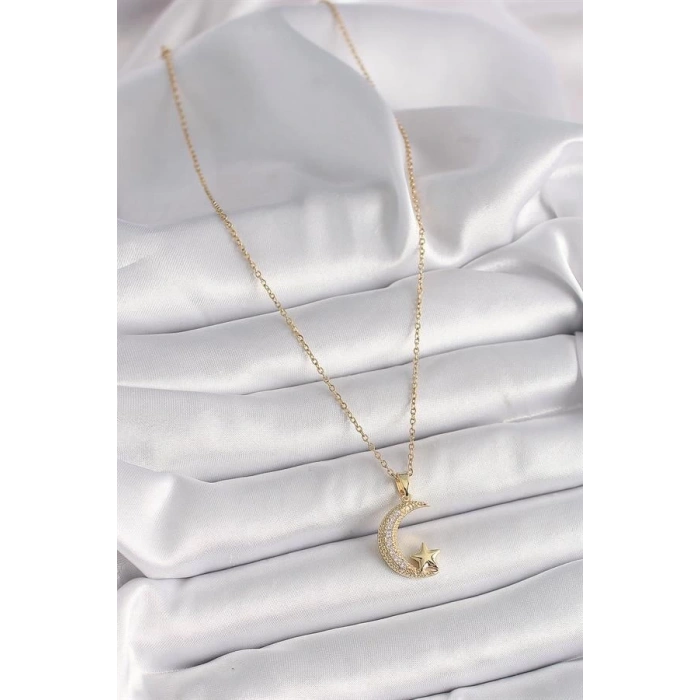 316L Çelik Gold Renk Zincir Zirkon Taşlı Hilal Model Yıldız Detay Kadın Kolye