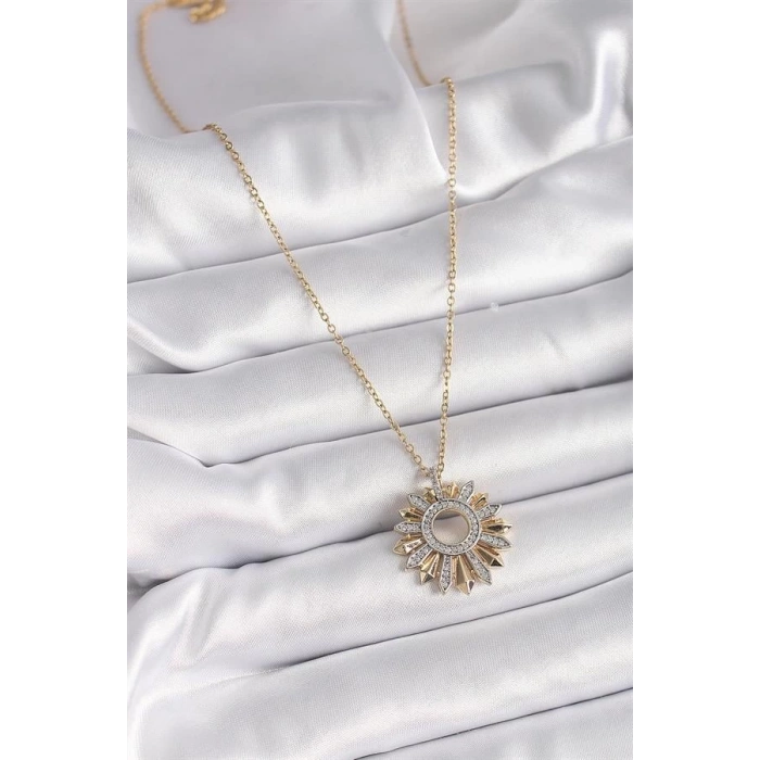 316L Çelik Gold Renk Zincir Zirkon Taşlı Mix Renk Güneş Model Kadın Kolye