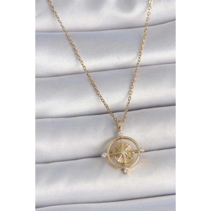 316L Çelik Gold Renk Zincir Zirkon Taşlı Pusula Model Kadın Kolye