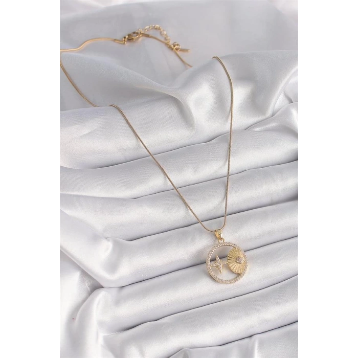 316L Çelik Gold Renk Zincir Zirkon Taşlı Yıldız İşleme Madalyon Model Kadın Kolye