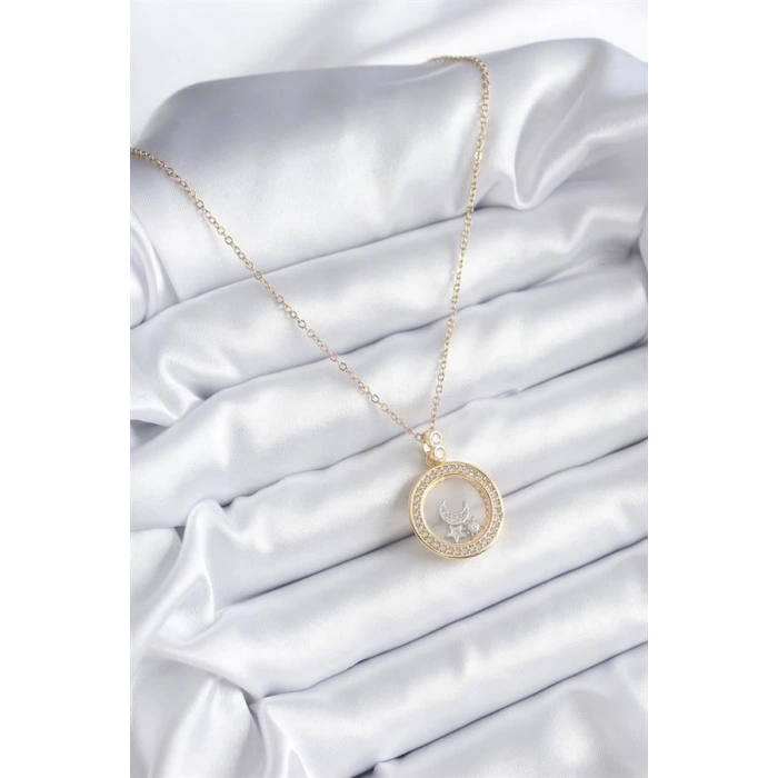 316L Çelik Gold Renk Zirkon Taş Detay Ay Yıldız Fanus Model Kadın Kolye