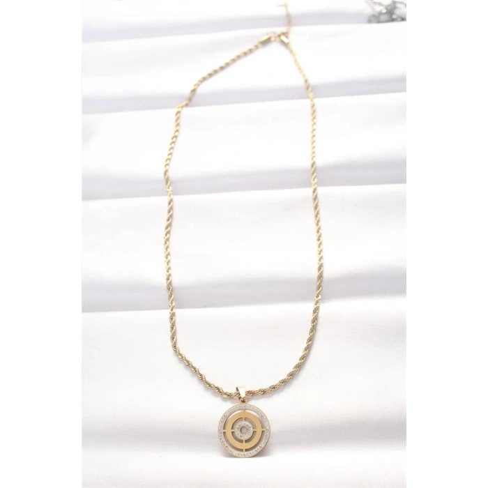 316L Çelik Gold Renk Zirkon Taşlı Burgu Zincirli Kolye