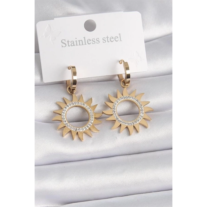 316L Çelik Gold Renk Zirkon Taşlı Güneş Model Kadın Küpe