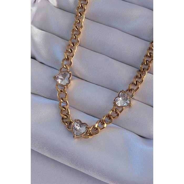 316L Çelik Gold Renk Zirkon Taşlı Kalp Model Zincir Kolye