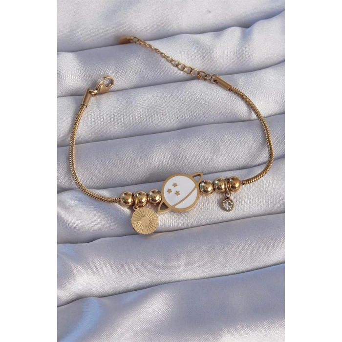 316L Çelik Gold Renk Zirkon Taşlı Mineli Satürn Tasarımlı Bileklik