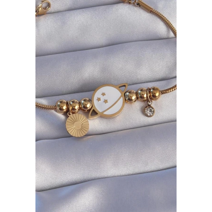 316L Çelik Gold Renk Zirkon Taşlı Mineli Satürn Tasarımlı Bileklik