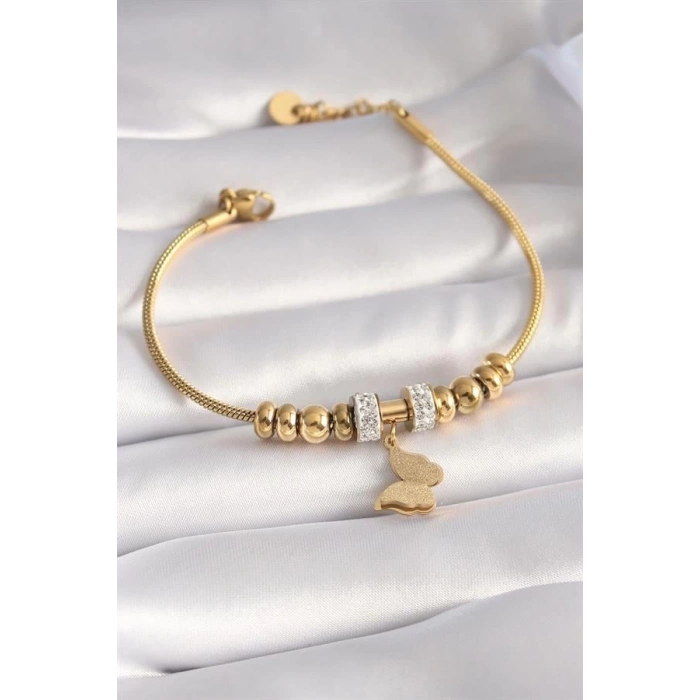 316L Çelik Gold Renk Zirkon Taşlı Simli Kelebek Figür Kadın Bileklik
