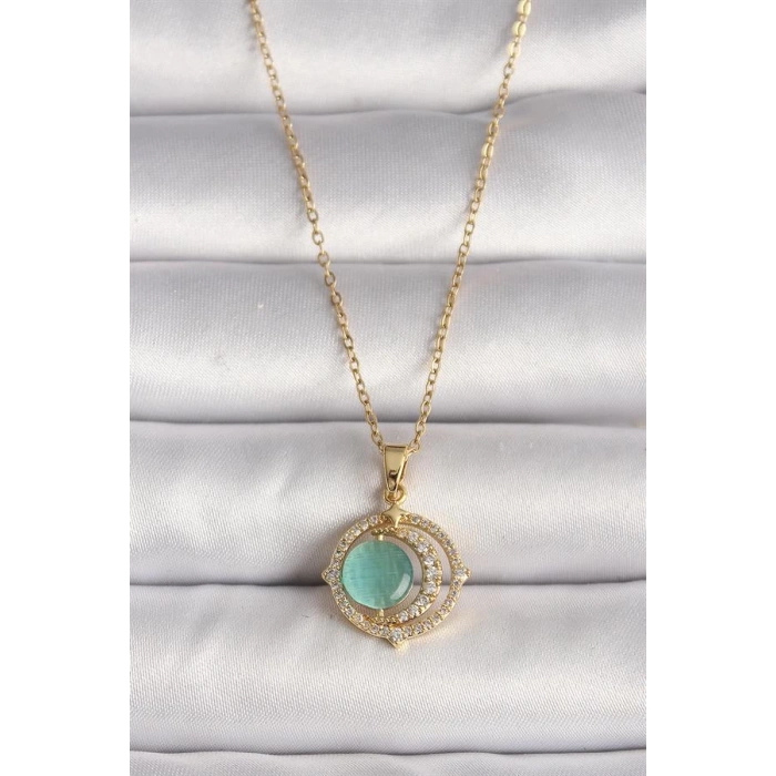 316L Çelik Gold Renk Zirkon Taşlı Yeşil Sedefli Hilal Model Kadın Kolye
