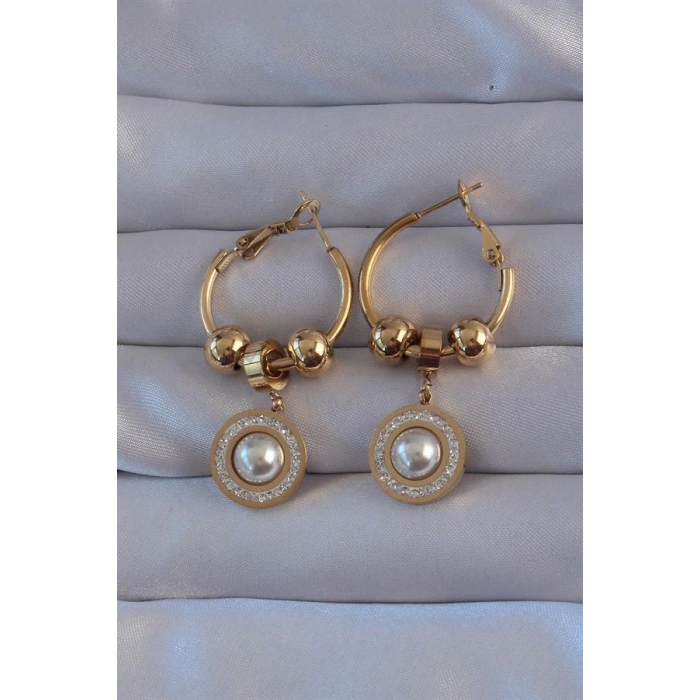 316L Çelik Gold Renk Zirkon ve İnci Taşlı Model Halka Küpe
