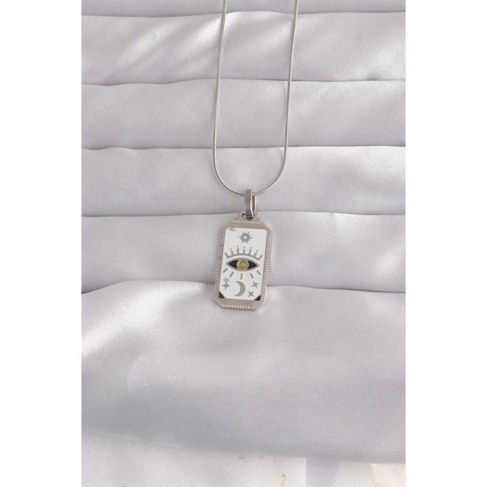 316L Çelik Gümüş Renk Beyaz Mineli Göz Figür Tarot Kolye
