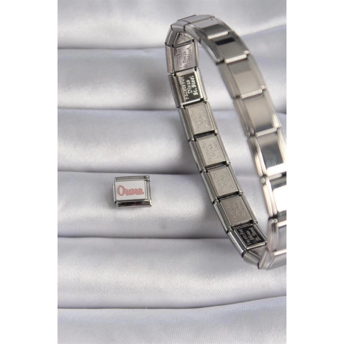 316L Çelik Gümüş Renk Beyaz Pembe Ouma İşlemeli Nomination Charm