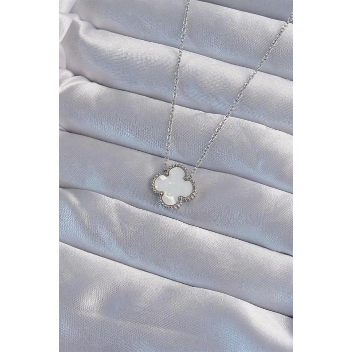 316L Çelik Gümüş Renk Beyaz Sedefli Yonca Kolye