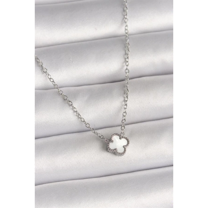 316L Çelik Gümüş Renk Beyaz Yonca Model Kadın Kolye