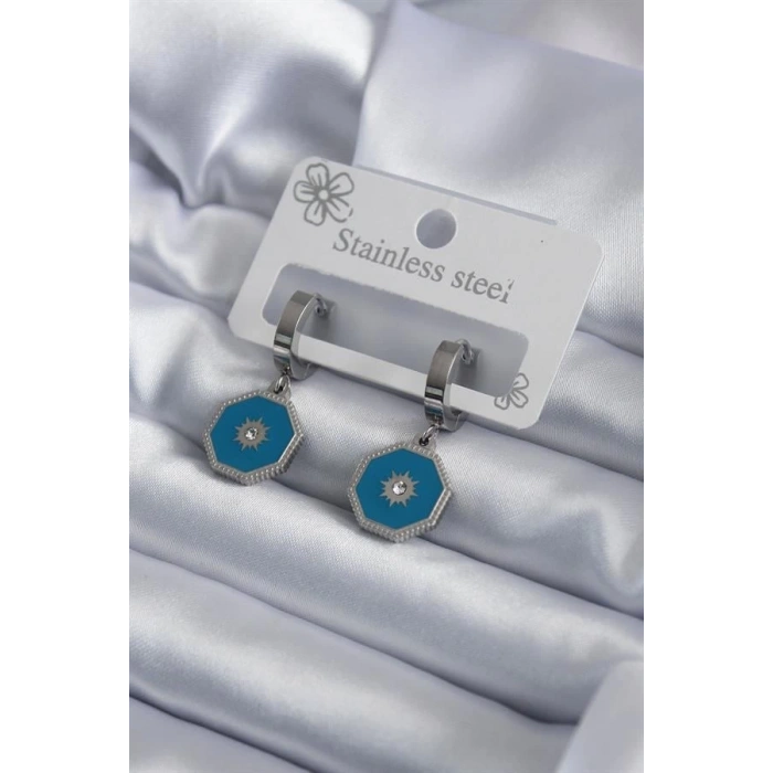 316L Çelik Gümüş Renk Geometrik Model Zirkon Taş Detay Kadın Küpe