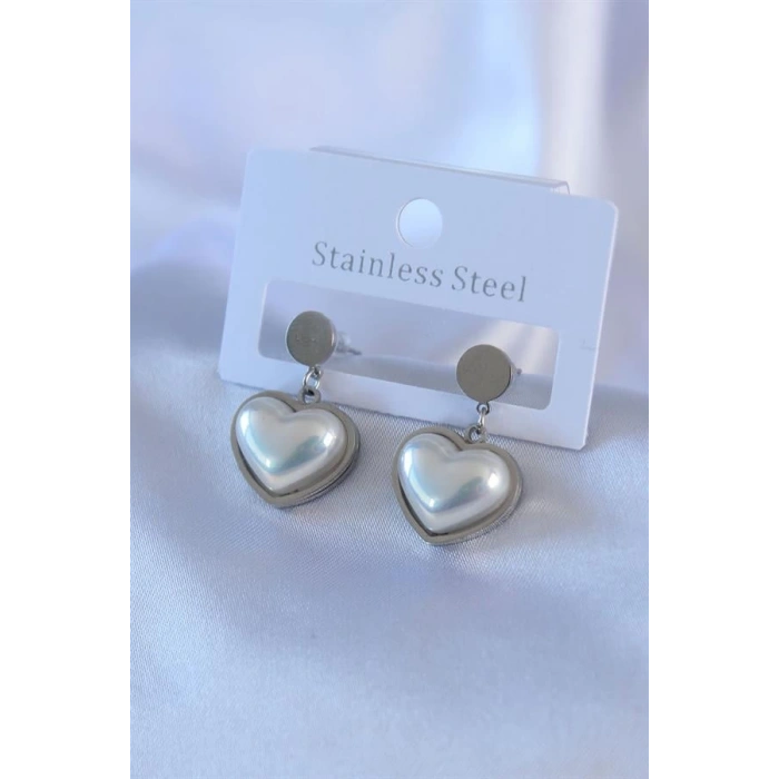 316L Çelik Gümüş Renk İncili Kalp Model Kadın Küpe