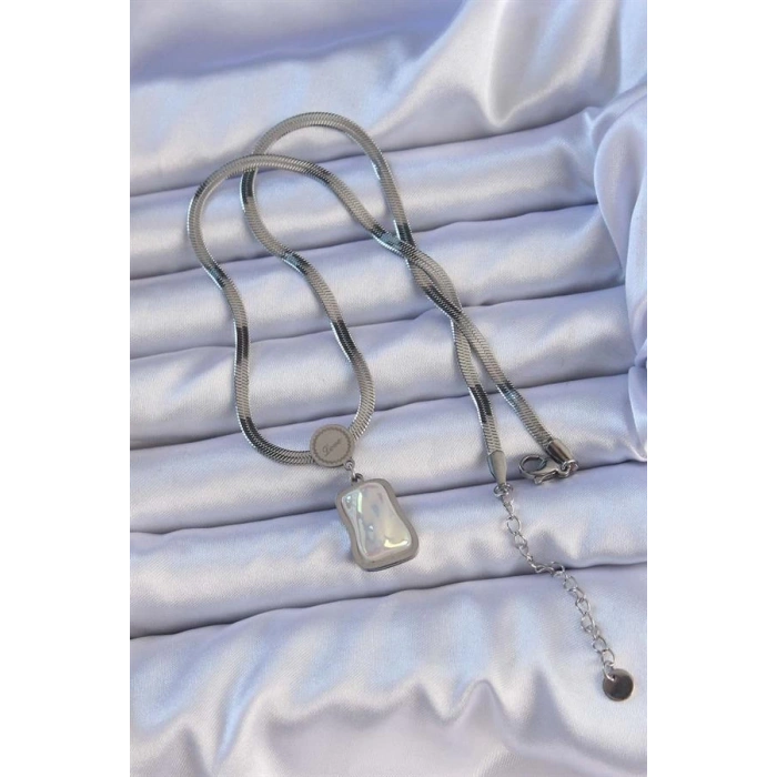 316L Çelik Gümüş Renk İtalyan Zincir Ezme Taşlı Kolye