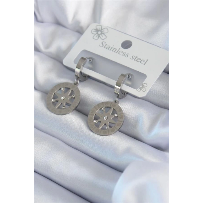 316L Çelik Gümüş Renk Kutup Yıldızı Model Zirkon Taş İşleme Detay Kadın Küpe