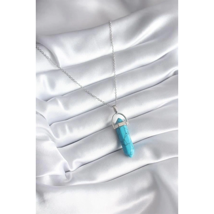 316L Çelik Gümüş Renk Mavi Taşlı Model Kadın Kolye