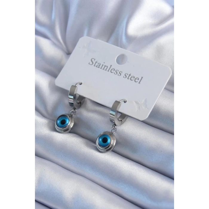 316L Çelik Gümüş Renk Nazar Boncuk Model Kadın Küpe