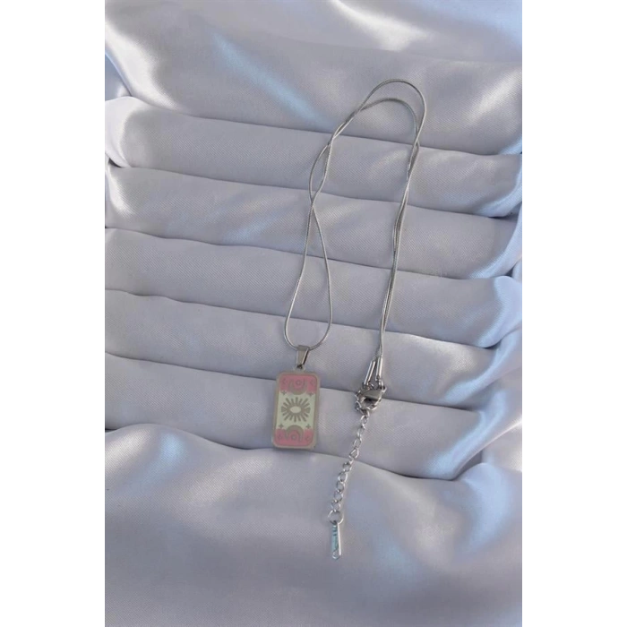 316L Çelik Gümüş Renk Pembe Mineli Ay Figür Tarot Kolye