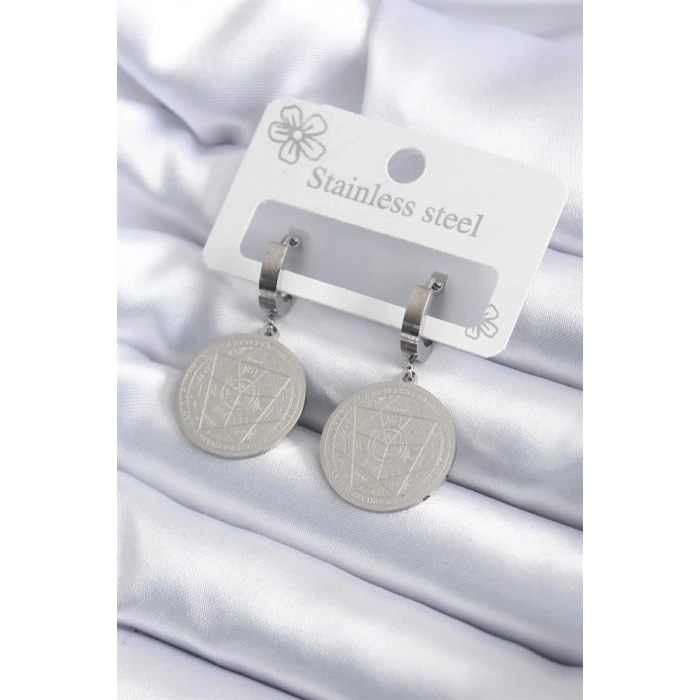 316L Çelik Gümüş Renk Pentagram İşleme Model Kadın Küpe