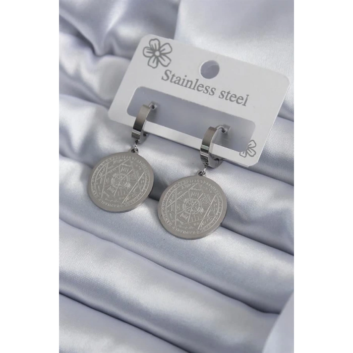 316L Çelik Gümüş Renk Pentagram Yıldızı İşleme Kadın Küpe