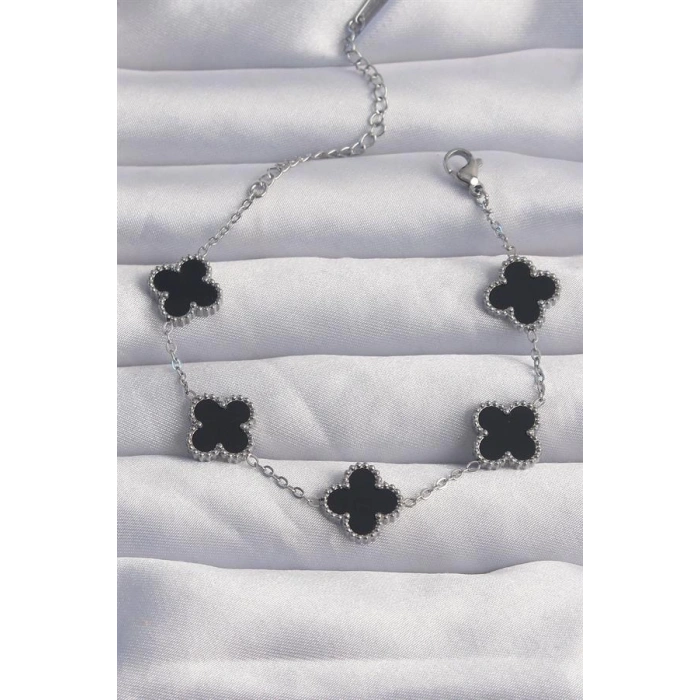 316L Çelik Gümüş Renk Siyah Mineli Yonca Bileklik