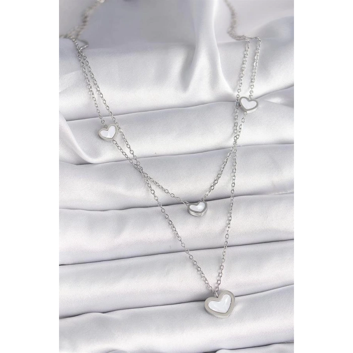 316L Çelik Gümüş Renk Zincir 2Li Zincir Kalp Model Kadın Kolye