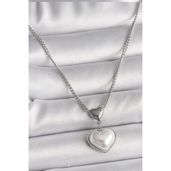 316L Çelik Gümüş Renk Zincir 3D Kalp Model Kadın Kolye