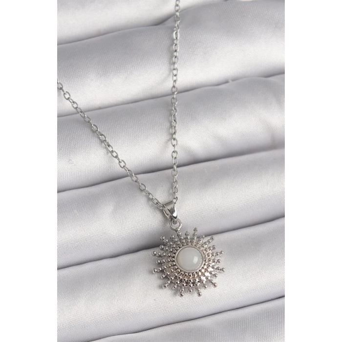 316L Çelik Gümüş Renk Zincir Beyaz Mineli Güneş Model Kadın Kolye