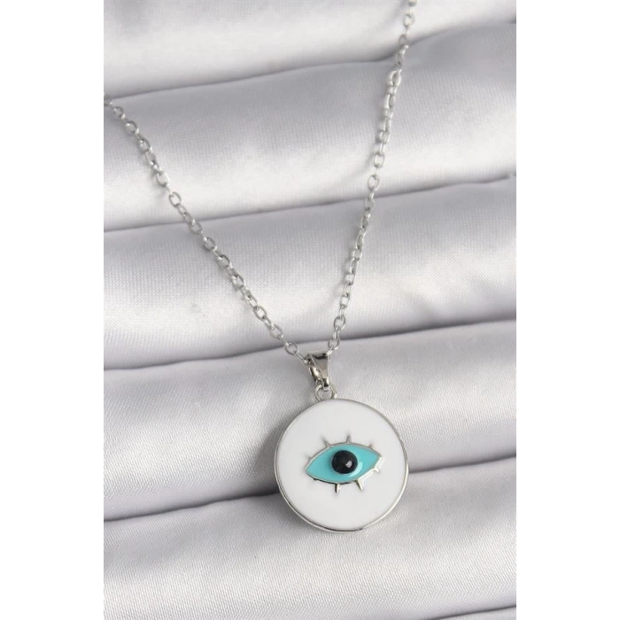 316L Çelik Gümüş Renk Zincir Beyaz Mineli Turkuaz Göz İşleme Model Kadın Kolye
