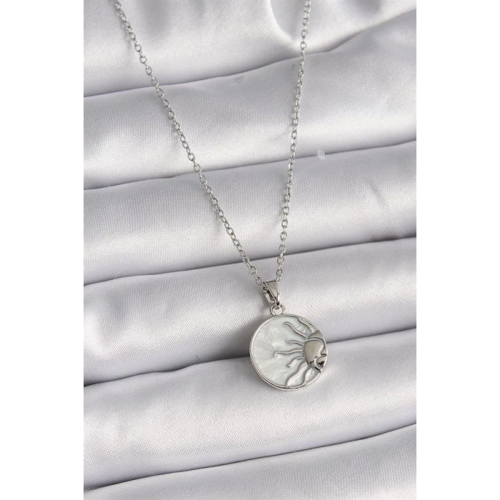 316L Çelik Gümüş Renk Zincir Beyaz Sedefli Gün Batımı Model Kadın Kolye