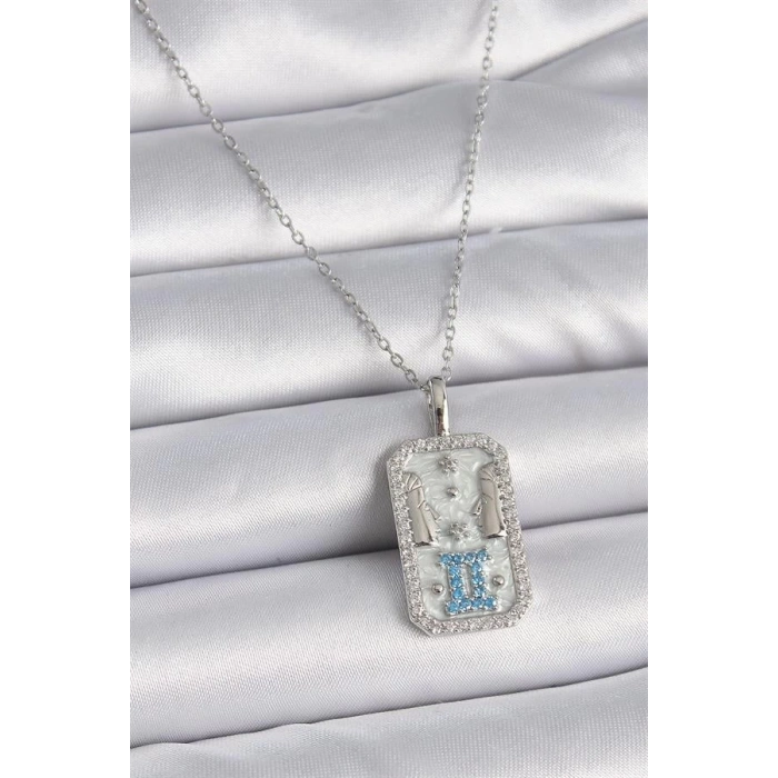 316L Çelik Gümüş Renk Zincir İkizler Burcu Zirkon Taşlı Kadın Kolye