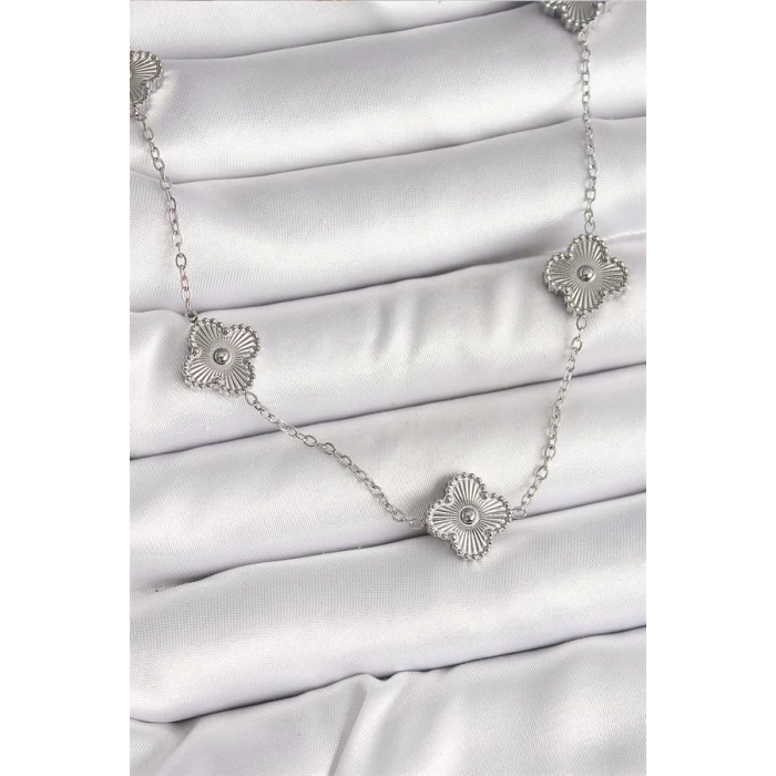 316L Çelik Gümüş Renk Zincir İşlemeli Yonca Model Kadın Kolye