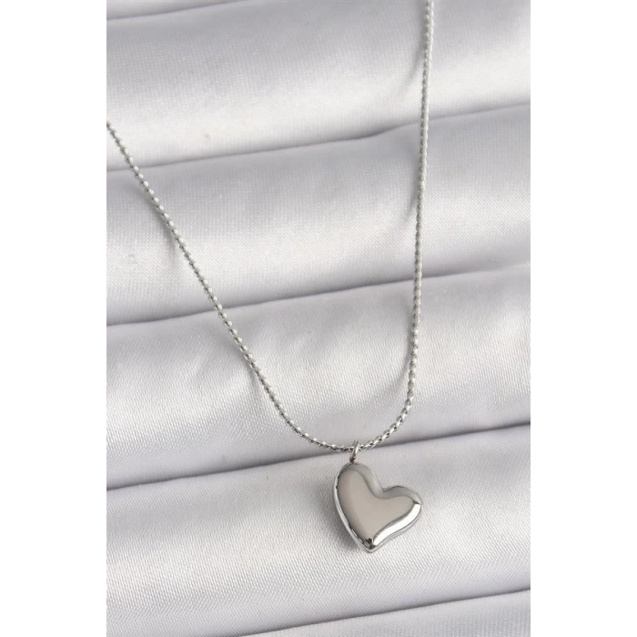 316L Çelik Gümüş Renk Zincir Kalp Figür Kadın Kolye