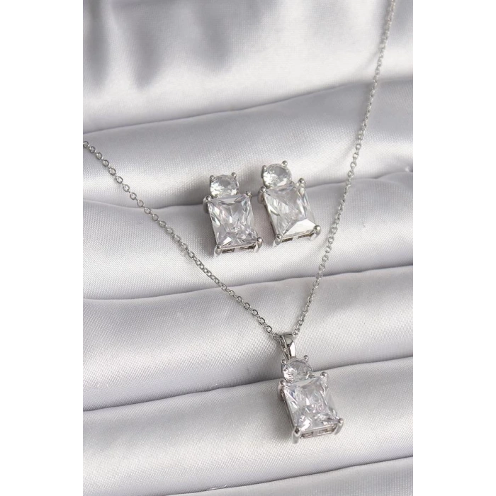 316L Çelik Gümüş Renk Zincir Kare Zirkon Taşlı Kadın Kolye Küpe Seti