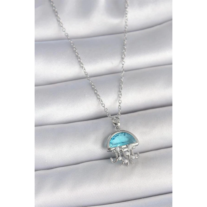 316L Çelik Gümüş Renk Zincir Mavi Taşlı Deniz Anası Model İnci Detay Kadın Kolye