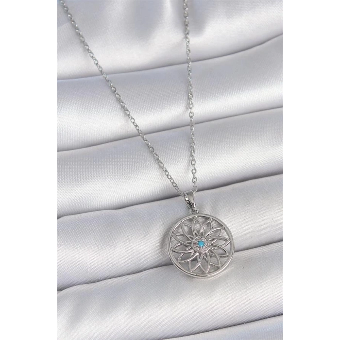 316L Çelik Gümüş Renk Zincir Mavi Taşlı Lotus Model Kadın Kolye