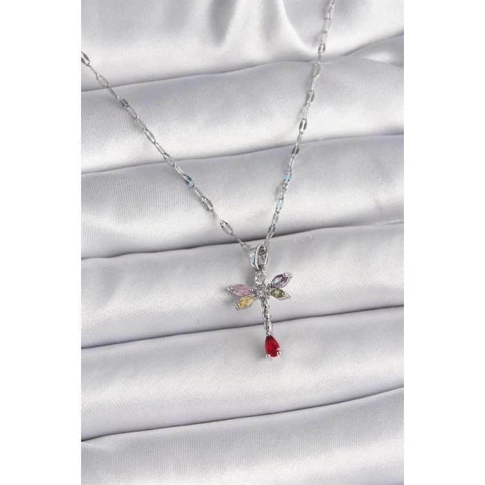 316L Çelik Gümüş Renk Zincir Renkli Zirkon Taşlı Yusufçuk Model Kadın Kolye