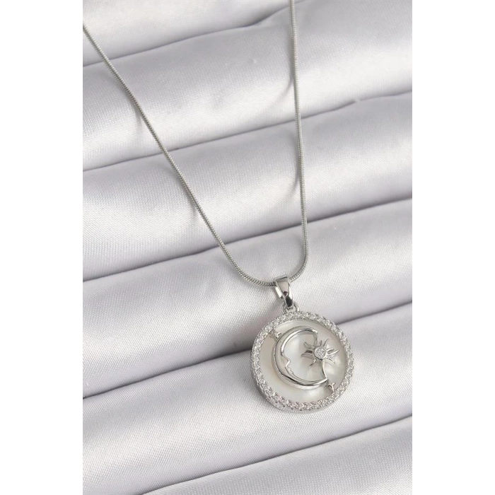 316L Çelik Gümüş Renk Zincir Zirkon Taş Detaylı Beyaz Sedefli Ay Yıldız İşleme Kadın Kolye