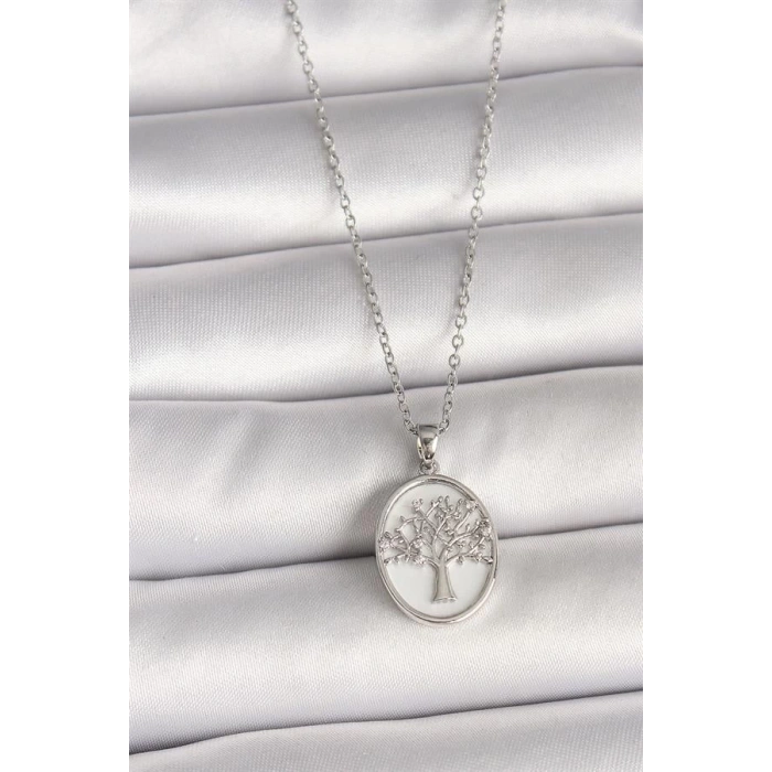316L Çelik Gümüş Renk Zincir Zirkon Taş İşlemeli Beyaz Mineli Ağaç İşlemeli Portre Model Kadın Kolye