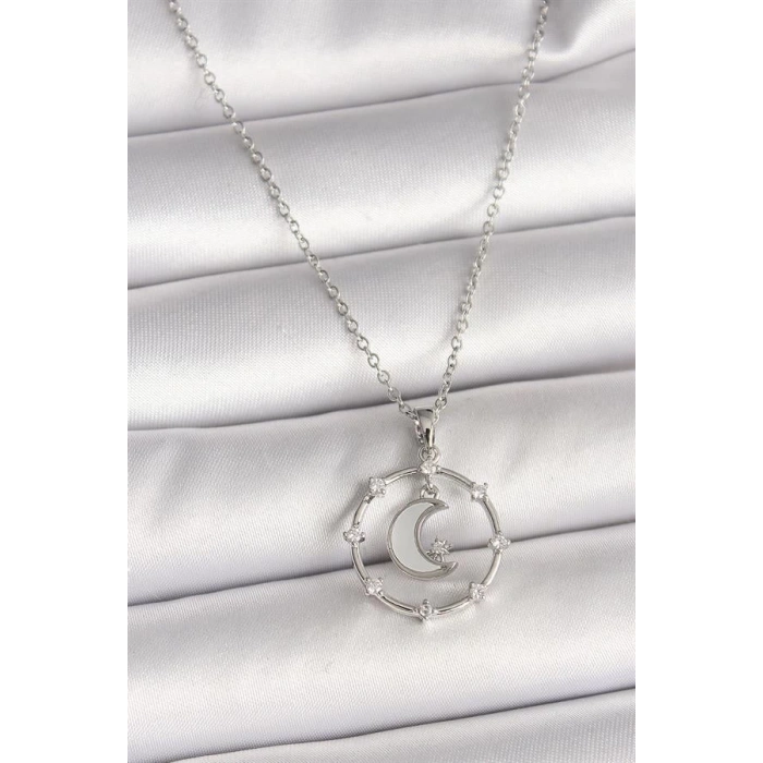316L Çelik Gümüş Renk Zincir Zirkon Taşlı Beyaz Mineli Hilal Model Kadın Kolye