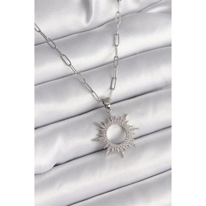 316L Çelik Gümüş Renk Zincir Zirkon Taşlı Güneş Model Kadın Kolye