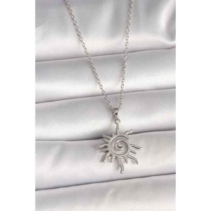 316L Çelik Gümüş Renk Zincir Zirkon Taşlı Güneş Model Kadın Kolye