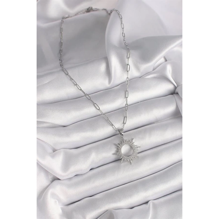 316L Çelik Gümüş Renk Zincir Zirkon Taşlı Güneş Model Kadın Kolye