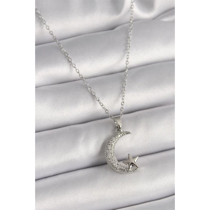 316L Çelik Gümüş Renk Zincir Zirkon Taşlı Hilal Model Yıldız Detay Kadın Kolye