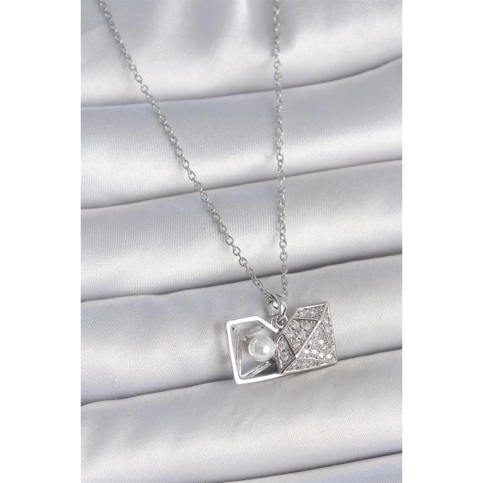 316L Çelik Gümüş Renk Zincir Zirkon Taşlı İncili Açılır Elmas Model Kadın Kolye