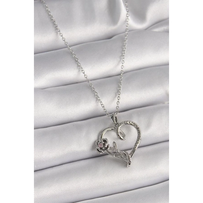316L Çelik Gümüş Renk Zincir Zirkon Taşlı Kalp Figür Gül Detay Kadın Kolye