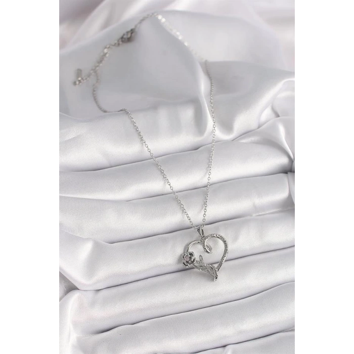 316L Çelik Gümüş Renk Zincir Zirkon Taşlı Kalp Figür Gül Detay Kadın Kolye